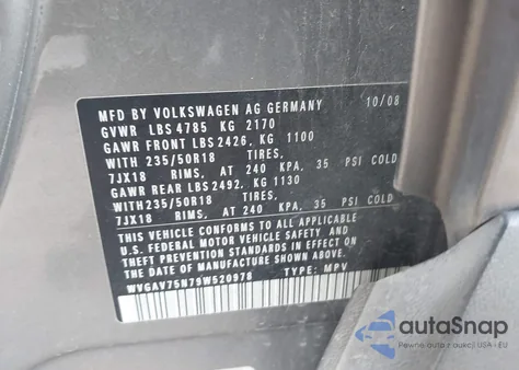 2009 Volkswagen Tiguan S/Se/Sel z USA, uszkodzony, nr VIN WVGAV75N79W520978